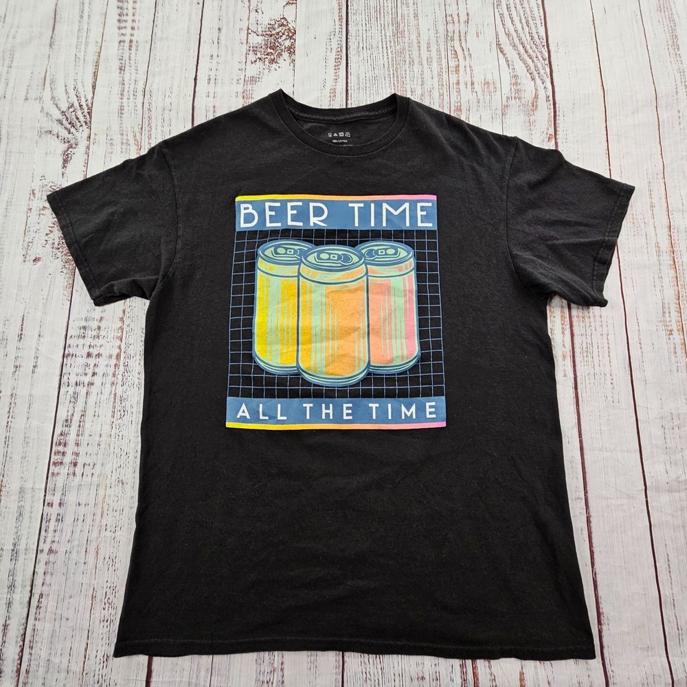 Beer Time All the Time Funny Black Short Sleeve Cotton T-Shirt Men's L